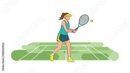 Dynamic female tennis player in action, energetically hitting a tennis ball with her racket on a vibrant green tennis court, demonstrating athletic skill and focus.