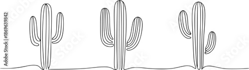Stylized saguaro cacti in a row with wavy ground cactus desert