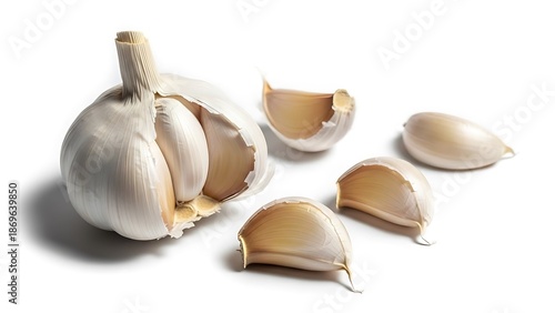 Fresh garlic bulb and cloves on white background