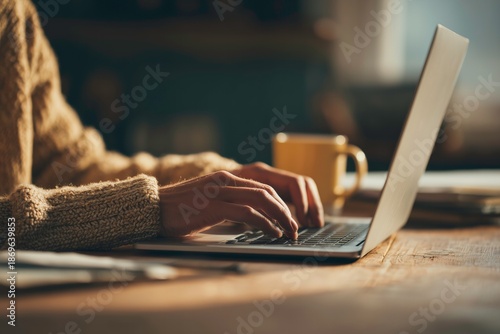 woman freelancer working from home, warm atmosphere, hands closeup, typing on the keyboard