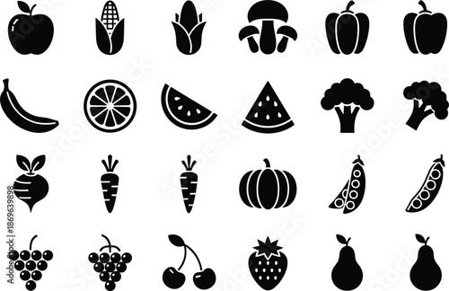 Fresh fruit and vegetable icon set featuring apple corn mushroom pepper banana orange watermelon broccoli carrot and pumpkin,