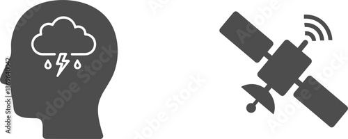 Mental health awareness silhouette with storm cloud in brain and satellite communication icon for psychology and digital connectivity,