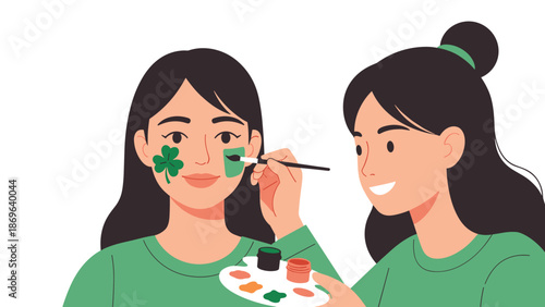 Two cheerful women engaging in St. Patrick's Day festivities, one meticulously painting a shamrock design on the other's cheek with a palette of green paints.