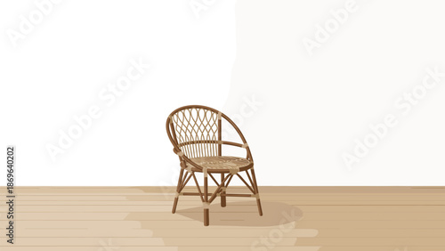 Elegant wicker armchair crafted from natural materials, standing alone in a minimalist room with light wooden flooring, emphasizing simplicity and organic design.