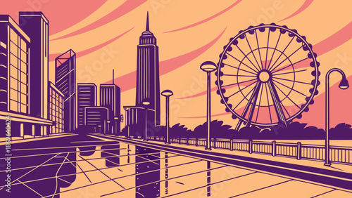 Chicago skyline with ferris wheel and promenade, ideal for travel brochures, city guides, urbanthemed websites, and promotional materials.