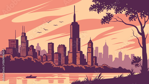 Chicago skyline shows a cityscape along the waterfront, featuring iconic buildings and architecture. Suitable for travel blogs and city guides.