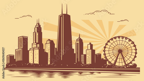 Chicago skyline with a beautiful ferris wheel above serene waters ideal for travel blogs, city guides, and tourist brochures.