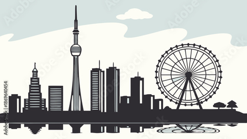 Chicago skyline with ferris wheel  tower, iconic architecture. Suitable for cityscape backgrounds, travel blogs, or promotional materials with a modern theme.