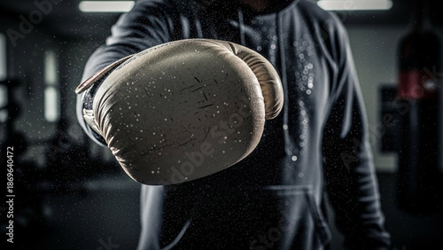 Man boxer posing in boxing glove on dark background with dust. Sports fight concept for fitness and strength training.
