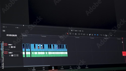 Video editing timeline interface on computer screen, Digital postproduction workspace with clips arranged on timeline
