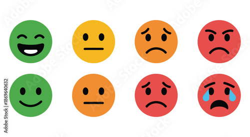 Emotion scale and satisfaction levels vector set, showcasing icons for varying moods, happiness ratings, neutral expressions