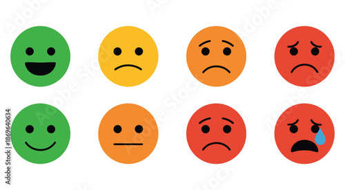 Emotion scale and satisfaction levels illustration, featuring vector icons representing happiness