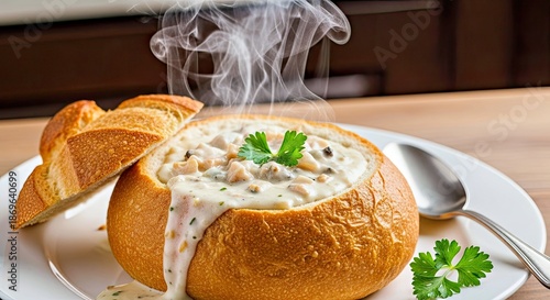 Heartwarming Close-up of Creamy New England Clam Chowder Served in a Sourdough Bread Bowl