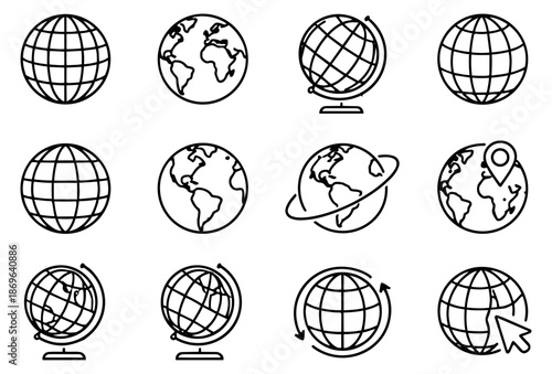 Line art globe icon set featuring world map, grid, and interactive symbols for global communication