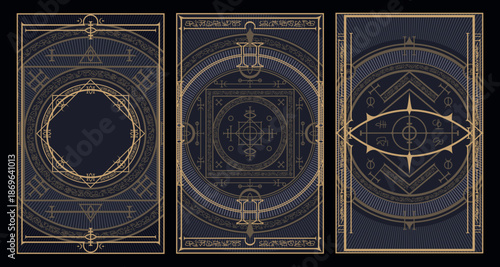 Occult style invitation with ancient vintage elements. Sacred geometry border and frame. Vector illustration. EPS 10	