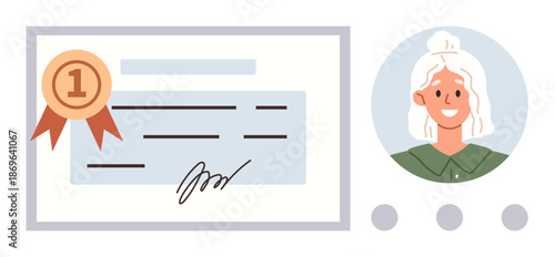 Identity verification, credential recognition, certification authenticity, professional achievement, employee credentials, and certification badges. Certificate with ribbon next to female icon