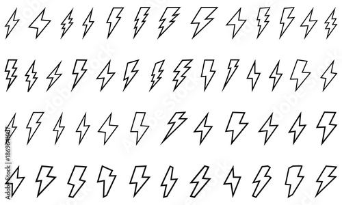Lightning Icons Set, Minimal Lightning Bolt Icon Set Featuring Varied Angles And Shapes, Clean Black Outline Symbols Ideal For Energy, Power, Electricity, Speed, Weather, Logos, Stickers.
