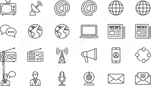 Global communication and media icon set featuring television satellite globe laptop news megaphone and social network connection symbols,