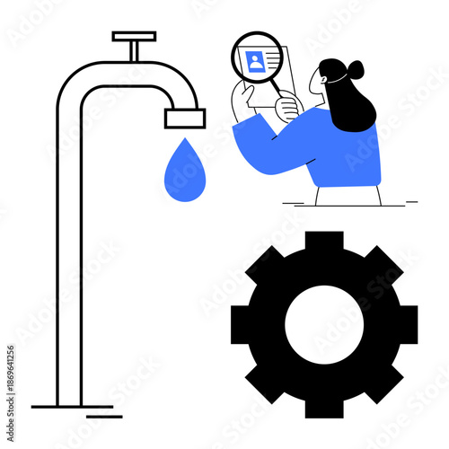 Data leakage concept. Visual elements such as a faucet, gear symbol, and person examining a document highlight data flow and security risks. Data breaches, cyber security, IT systems, threat