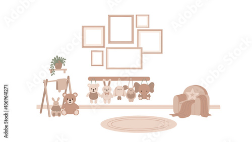 Soft and inviting nursery room design featuring a baby mobile, a variety of cuddly toys, and multiple empty picture frames on the wall.