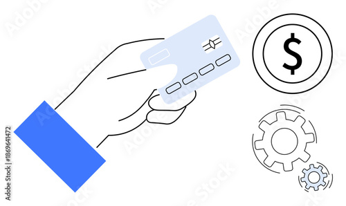 E-commerce, banking, online transactions, financial operations, payment processing, technology. A hand holding a credit card near a dollar sign and mechanical gears. Online transactions