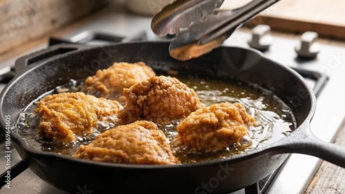 Kitchen tongs adjusting chicken in a pan