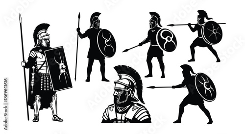 Ancient greek spartan warriors in silhouette demonstrating various combat stances
