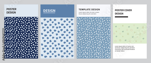 Trendy abstract minimalist poster design template set featuring small geometric heart patterns in blue and white colors for modern corporate branding.