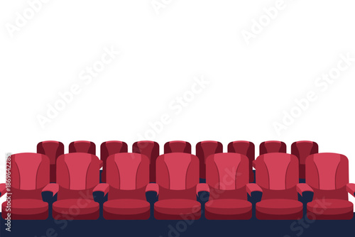 Row of empty red theater seats offers ample space for your text message.