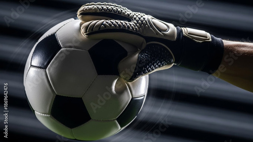 Male goalkeeper wearing protective glove catching soccer ball mid air with dark background. Sport training and competition.