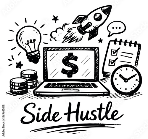 Hand drawn illustration of side hustle depicting online business ideas and financial growth for modern entrepreneurship
