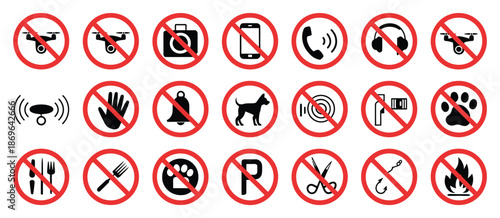 Prohibition icon collection showing no music, no sound, no fire, no pets, no eating, no photography, no noise, no disturbance, no drone and no fly zone symbols, clean flat vector style 