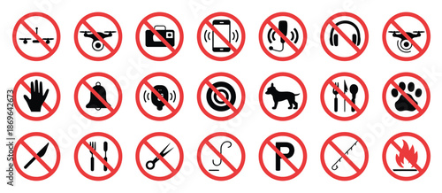 Prohibition signs set including no music, no sound, no fire, no pets, no eating, no photos, no noise, no disturbance, no drones, no flying zone, vector illustration 