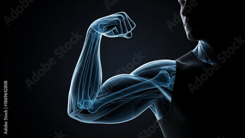 Man flexing bicep with x-ray visible muscles and bones. Human anatomy and exercise concept for health and fitness.