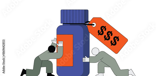 Small figures struggle to push a large medication bottle with a price tag.