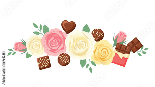 Beautiful and festive floral arrangement featuring a mix of pink, white, and yellow roses, complemented by various chocolates, creating a charming display.