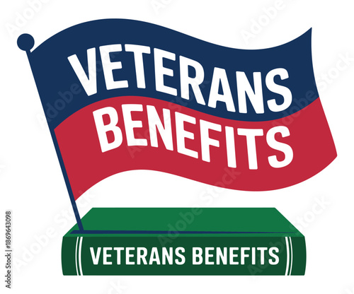 Waving flag promotes veterans benefits document resting upon a textbook.