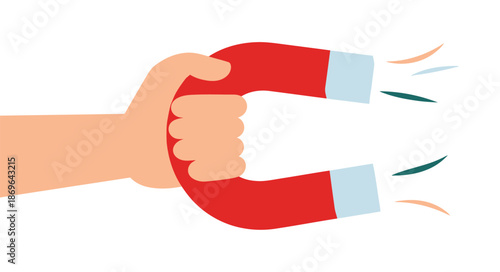 Hand firmly grips a large red horseshoe magnet attracting unseen magnetic.