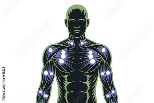 Human silhouette shows illuminated points representing muscle tension.