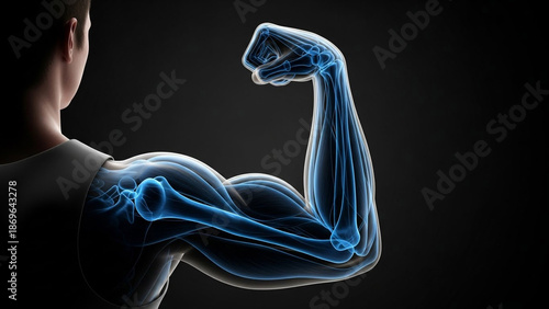 Man flexing bicep with transparent muscles and skeletal structure for anatomy training. 3D rendered human arm for medical education poster.