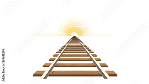Serene perspective view of a railway track extending into the distance, converging towards a warm, glowing sunset on the horizon.