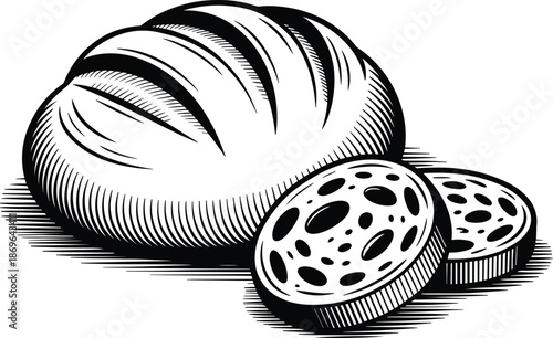 Black and white of a round loaf of bread with two sliced pieces baking food