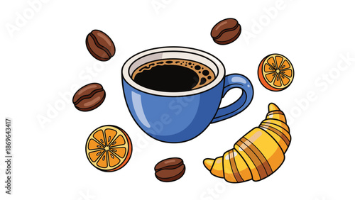 Inviting breakfast composition featuring a blue cup of black coffee, a golden croissant, and fresh orange slices, perfect for a morning meal.