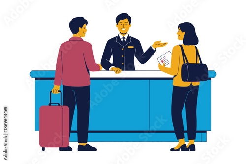 Hotel staff cheerfully assists travelers checking in at the bright.