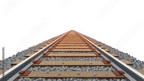 Detailed perspective view of railway tracks laid on a bed of gravel, stretching into the horizon, representing travel and journey.