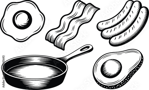 Black and white of breakfast food and frying pan fried egg bacon strips sausages avocado half
