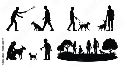 Silhouettes of people walking their dogs in various outdoor settings
