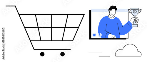Shopping cart and video call screen with a person holding a trophy. Ideal for e-commerce, online events, virtual achievements, retail success, remote recognition, cloud services, digital marketing