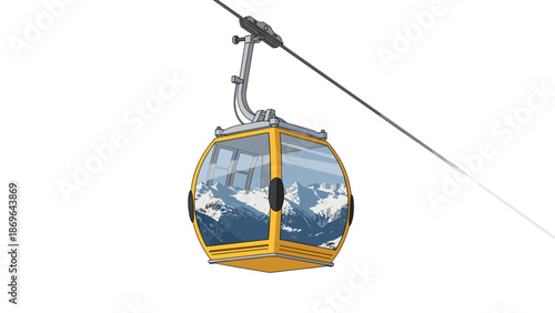 Modern cable car gondola suspended on a wire, offering panoramic views of majestic snow-capped mountains and a breathtaking alpine landscape.