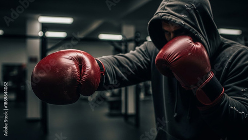 Man in hoodie wearing red boxing gloves throwing a punch during training. Focus and determination in sports for fitness and self-defense.